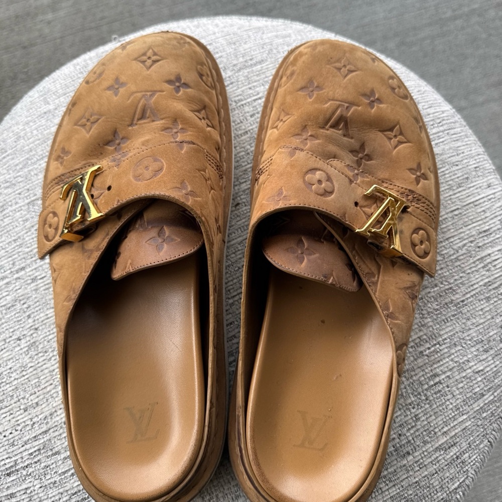 Louis Vuitton Brown Monogram Slides with Gold Accent